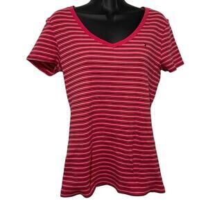 Tommy Hilfiger Womens Size M Red Blue White V Neck Striped Short Sleeve T-Shirt